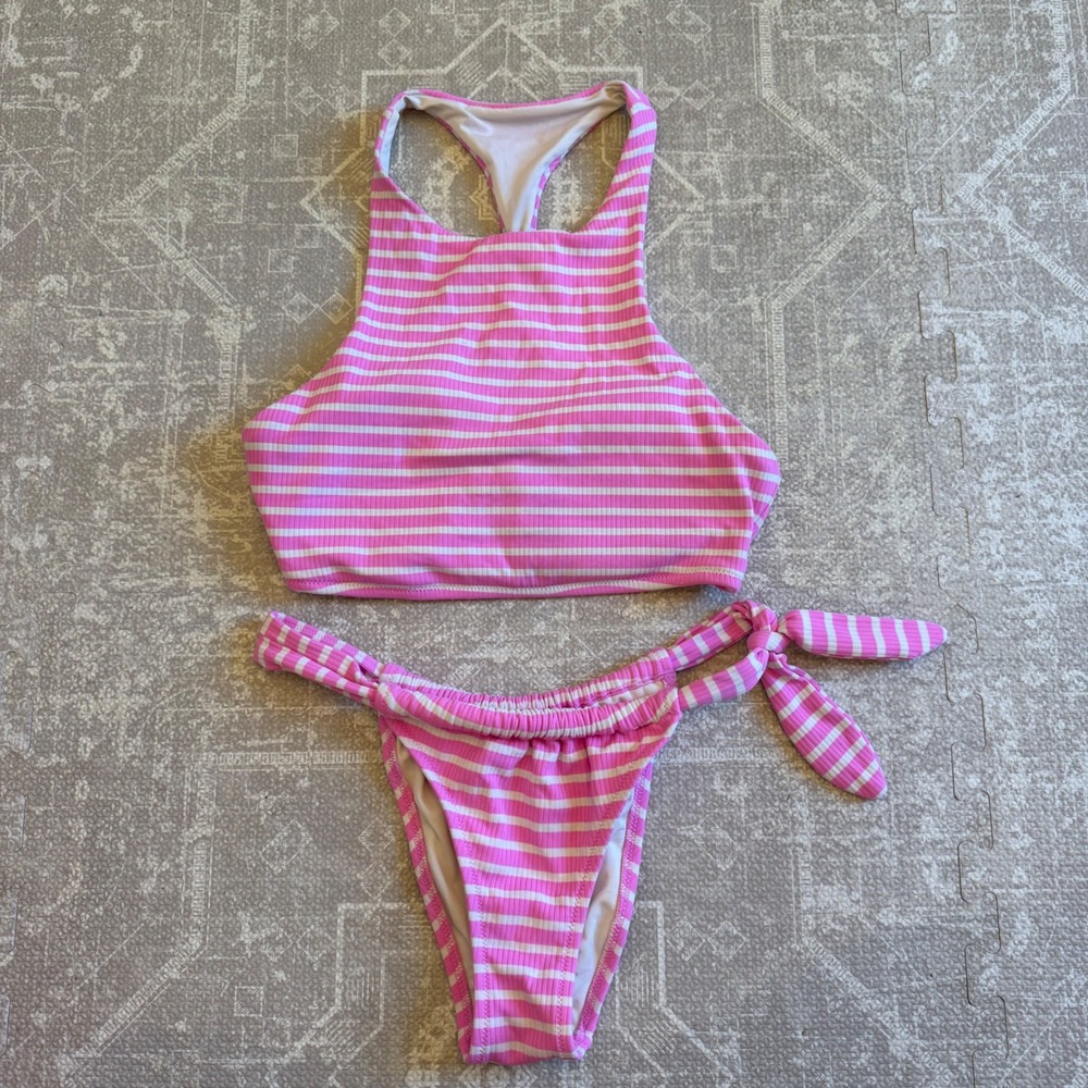 Aerie Bikini Set‎ Women L/M Pink White Striped Tankini Top Cheeky Bottom